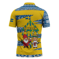 Sweden Christmas Zipper Polo Shirt with Santa Lucia Girl Midsummer Pole Swedish Flag and Nordic Pattern Design - Wonder Print Shop