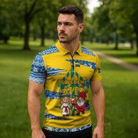 Sweden Christmas Zipper Polo Shirt with Santa Lucia Girl Midsummer Pole Swedish Flag and Nordic Pattern Design - Wonder Print Shop