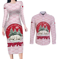 Japan Christmas Couples Matching Long Sleeve Bodycon Dress and Long Sleeve Button Shirt with Sleeping Polar Bear Pine Trees and Chrysanthemum Crest Pattern - Wonder Print Shop
