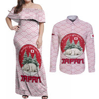 Japan Christmas Couples Matching Off Shoulder Maxi Dress and Long Sleeve Button Shirt with Sleeping Polar Bear Pine Trees and Chrysanthemum Crest Pattern - Wonder Print Shop