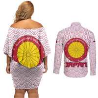 Japan Christmas Couples Matching Off Shoulder Short Dress and Long Sleeve Button Shirt with Sleeping Polar Bear Pine Trees and Chrysanthemum Crest Pattern - Wonder Print Shop