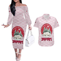 Japan Christmas Couples Matching Off The Shoulder Long Sleeve Dress and Hawaiian Shirt with Sleeping Polar Bear Pine Trees and Chrysanthemum Crest Pattern - Wonder Print Shop