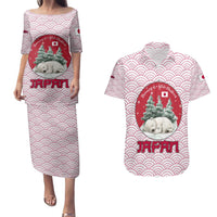 Japan Christmas Couples Matching Puletasi and Hawaiian Shirt with Sleeping Polar Bear Pine Trees and Chrysanthemum Crest Pattern - Wonder Print Shop