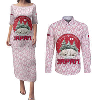 Japan Christmas Couples Matching Puletasi and Long Sleeve Button Shirt with Sleeping Polar Bear Pine Trees and Chrysanthemum Crest Pattern - Wonder Print Shop