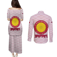 Japan Christmas Couples Matching Puletasi and Long Sleeve Button Shirt with Sleeping Polar Bear Pine Trees and Chrysanthemum Crest Pattern - Wonder Print Shop