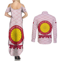 Japan Christmas Couples Matching Summer Maxi Dress and Long Sleeve Button Shirt with Sleeping Polar Bear Pine Trees and Chrysanthemum Crest Pattern - Wonder Print Shop