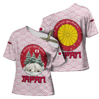 Japan Christmas Cross Shoulder Shirt with Sleeping Polar Bear Pine Trees and Chrysanthemum Crest Pattern - Wonder Print Shop