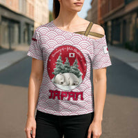 Japan Christmas Cross Shoulder Shirt with Sleeping Polar Bear Pine Trees and Chrysanthemum Crest Pattern - Wonder Print Shop