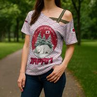 Japan Christmas Cross Shoulder Shirt with Sleeping Polar Bear Pine Trees and Chrysanthemum Crest Pattern - Wonder Print Shop