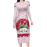 Japan Christmas Family Matching Long Sleeve Bodycon Dress and Hawaiian Shirt with Sleeping Polar Bear Pine Trees and Chrysanthemum Crest Pattern - Wonder Print Shop