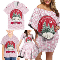 Japan Christmas Family Matching Off Shoulder Short Dress and Hawaiian Shirt with Sleeping Polar Bear Pine Trees and Chrysanthemum Crest Pattern - Wonder Print Shop