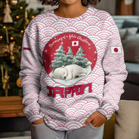 Japan Christmas Kid Ugly Christmas Sweater with Sleeping Polar Bear Pine Trees and Chrysanthemum Crest Pattern - Wonder Print Shop