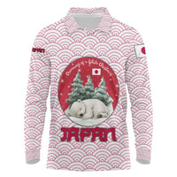 Japan Christmas Long Sleeve Polo Shirt with Sleeping Polar Bear Pine Trees and Chrysanthemum Crest Pattern - Wonder Print Shop