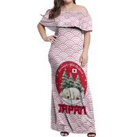 Japan Christmas Off Shoulder Maxi Dress with Sleeping Polar Bear Pine Trees and Chrysanthemum Crest Pattern - Wonder Print Shop