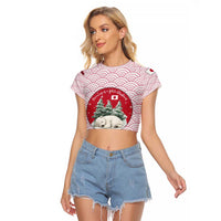 Japan Christmas Raglan Cropped T Shirt with Sleeping Polar Bear Pine Trees and Chrysanthemum Crest Pattern - Wonder Print Shop