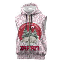 Japan Christmas Sleeveless Zip Hoodie with Sleeping Polar Bear Pine Trees and Chrysanthemum Crest Pattern - Wonder Print Shop