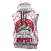 Japan Christmas Sleeveless Zip Hoodie with Sleeping Polar Bear Pine Trees and Chrysanthemum Crest Pattern - Wonder Print Shop