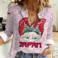 Japan Christmas Women Casual Shirt with Sleeping Polar Bear Pine Trees and Chrysanthemum Crest Pattern - Wonder Print Shop