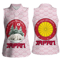 Japan Christmas Women Sleeveless Polo Shirt with Sleeping Polar Bear Pine Trees and Chrysanthemum Crest Pattern - Wonder Print Shop