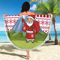 Japan Christmas Beach Blanket with Santa Mount Fuji Rising Sun and Festive Pattern Design - Wonder Print Shop