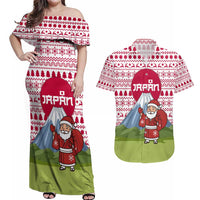 Japan Christmas Couples Matching Off Shoulder Maxi Dress and Hawaiian Shirt with Santa Mount Fuji Rising Sun and Festive Pattern Design - Wonder Print Shop