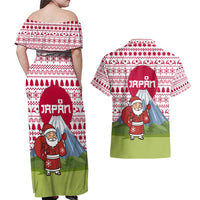 Japan Christmas Couples Matching Off Shoulder Maxi Dress and Hawaiian Shirt with Santa Mount Fuji Rising Sun and Festive Pattern Design - Wonder Print Shop