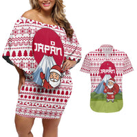 Japan Christmas Couples Matching Off Shoulder Short Dress and Hawaiian Shirt with Santa Mount Fuji Rising Sun and Festive Pattern Design - Wonder Print Shop