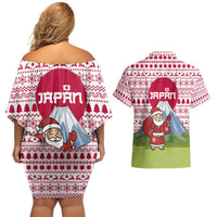 Japan Christmas Couples Matching Off Shoulder Short Dress and Hawaiian Shirt with Santa Mount Fuji Rising Sun and Festive Pattern Design - Wonder Print Shop