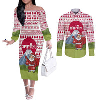 Japan Christmas Couples Matching Off The Shoulder Long Sleeve Dress and Long Sleeve Button Shirt with Santa Mount Fuji Rising Sun and Festive Pattern Design - Wonder Print Shop