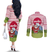 Japan Christmas Couples Matching Off The Shoulder Long Sleeve Dress and Long Sleeve Button Shirt with Santa Mount Fuji Rising Sun and Festive Pattern Design - Wonder Print Shop