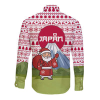 Japan Christmas Long Sleeve Button Shirt with Santa Mount Fuji Rising Sun and Festive Pattern Design - Wonder Print Shop