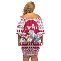 Japan Christmas Off Shoulder Short Dress with Santa Mount Fuji Rising Sun and Festive Pattern Design - Wonder Print Shop