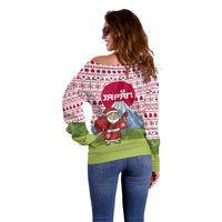 Japan Christmas Off Shoulder Sweater with Santa Mount Fuji Rising Sun and Festive Pattern Design - Wonder Print Shop