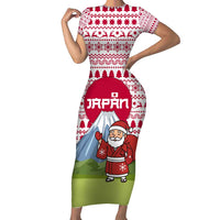 Japan Christmas Short Sleeve Bodycon Dress with Santa Mount Fuji Rising Sun and Festive Pattern Design - Wonder Print Shop