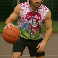 Japan Christmas Sleeveless Zip Hoodie with Santa Mount Fuji Rising Sun and Festive Pattern Design - Wonder Print Shop