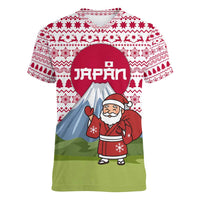 Japan Christmas Women V-Neck T-Shirt with Santa Mount Fuji Rising Sun and Festive Pattern Design - Wonder Print Shop