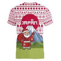 Japan Christmas Women V-Neck T-Shirt with Santa Mount Fuji Rising Sun and Festive Pattern Design - Wonder Print Shop