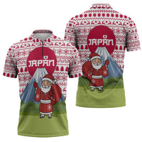 Japan Christmas Zipper Polo Shirt with Santa Mount Fuji Rising Sun and Festive Pattern Design - Wonder Print Shop