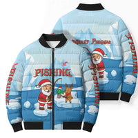 Christmas Fishing Bomber Puffer Jacket with Santa Claus Reindeer Iceberg and Merry Fishmas Design - Wonder Print Shop