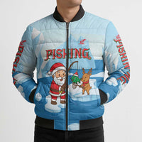 Christmas Fishing Bomber Puffer Jacket with Santa Claus Reindeer Iceberg and Merry Fishmas Design - Wonder Print Shop