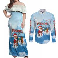 Christmas Fishing Couples Matching Off Shoulder Maxi Dress and Long Sleeve Button Shirt with Santa Claus Reindeer Iceberg and Merry Fishmas Design - Wonder Print Shop