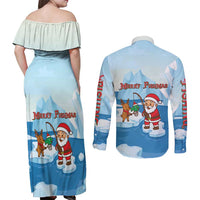 Christmas Fishing Couples Matching Off Shoulder Maxi Dress and Long Sleeve Button Shirt with Santa Claus Reindeer Iceberg and Merry Fishmas Design - Wonder Print Shop