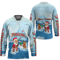 Christmas Fishing Hockey Jersey with Santa Claus Reindeer Iceberg and Merry Fishmas Design - Wonder Print Shop