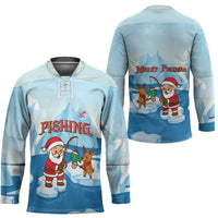 Christmas Fishing Hockey Jersey with Santa Claus Reindeer Iceberg and Merry Fishmas Design - Wonder Print Shop