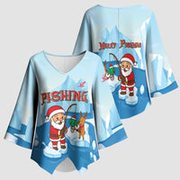 Christmas Fishing Kimono Sleeve Blouse with Santa Claus Reindeer Iceberg and Merry Fishmas Design - Wonder Print Shop