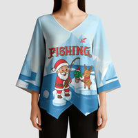 Christmas Fishing Kimono Sleeve Blouse with Santa Claus Reindeer Iceberg and Merry Fishmas Design - Wonder Print Shop