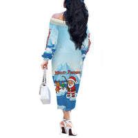 Christmas Fishing Off The Shoulder Long Sleeve Dress with Santa Claus Reindeer Iceberg and Merry Fishmas Design - Wonder Print Shop