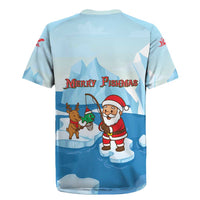 Christmas Fishing Rugby Jersey with Santa Claus Reindeer Iceberg and Merry Fishmas Design - Wonder Print Shop
