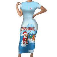 Christmas Fishing Short Sleeve Bodycon Dress with Santa Claus Reindeer Iceberg and Merry Fishmas Design - Wonder Print Shop