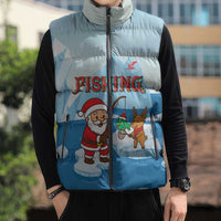 Christmas Fishing Sleeveless Puffer Jacket with Santa Claus Reindeer Iceberg and Merry Fishmas Design - Wonder Print Shop
